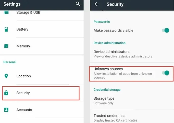Android Settings app displaying the feature to enable installation of apps from unknown sources.